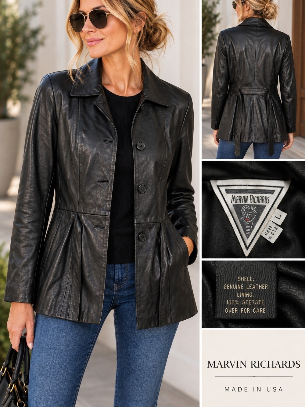Marvin Richards Vintage Black Genuine Leather Belted Jacket – Made in USA – Size
